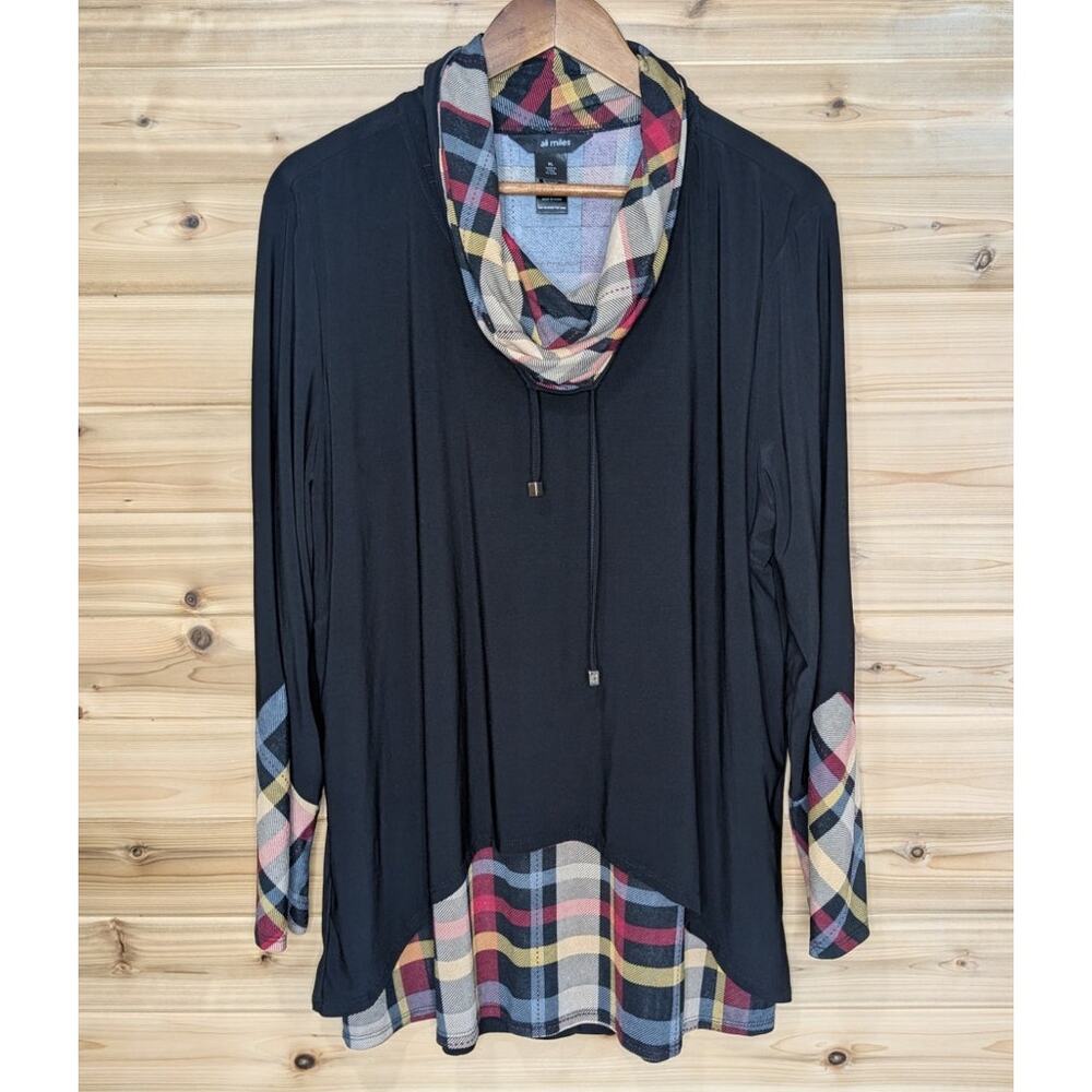 Ali Miles Top Womens XL Black Plaid‎ Accent Cowl Neck Line Blouse Art